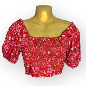 NWT Band of the Free XS Red Floral Tie Back Smocked Square Neck Crop Blouse